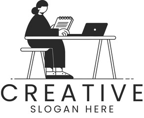 Woman Working at Desk Creative Minimalist Design Illustration art flat icon logo idea calm