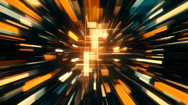 Abstract digital art with orange, yellow, and teal rectangular blocks radiating outwards in a hyper-speed effect.  Central focus area with brighter light
