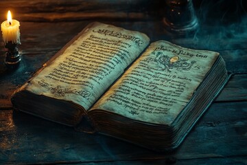 Fototapeta premium Ancient magic book with mysterious handwritten spells and rituals, illuminated by candlelight, creating a mystical atmosphere