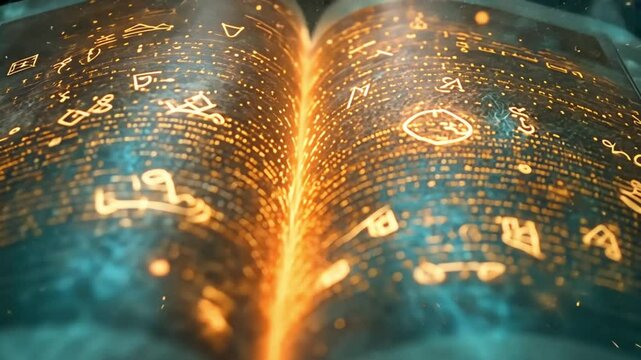 Magical book emitting glowing symbols in a dark environment creates an enchanting atmosphere at night