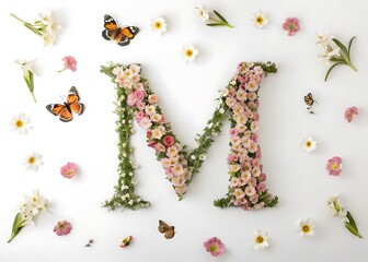 A whimsical and vibrant letter M with a splash background, featuring butterflies and flowers