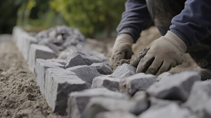 Fototapeta premium Mason laying stones for a retaining wall in a garden. Featuring skill and precision