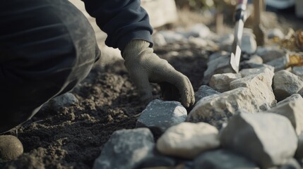 Obraz premium Mason laying stones for a decorative garden wall. Featuring precision and landscaping