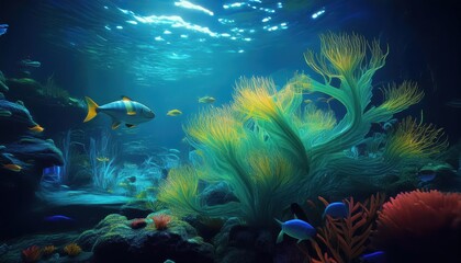 Fototapeta premium Vibrant Bioluminescent Coral Reef Glowing under the Deep Sea, Illuminating a School of Colorful Fish Swimming in an Aquarium, Capturing the Magical Mystery of the Ocean Depths.