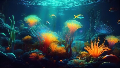 Naklejka premium Bioluminescent Algae Glowing among Underwater Fish in a Luminous Aquarium Reef, Capturing the Mystique of an Enchanted Nighttime Ocean, Providing a Glimpse into the Depths of the Deep Sea.