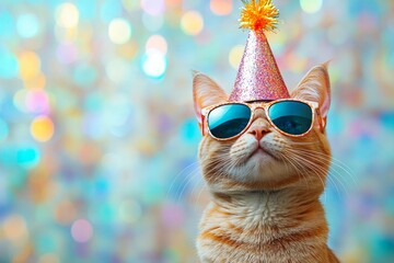 Adorable ginger cat celebrates birthday wearing sunglasses and party hat against a colorful bokeh background