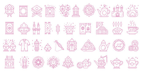 set of islamic icon with thin line style, use for islamic event or pictogram assets, ramadan kareem, ied mubarak, poster, hajj season, etc