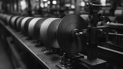 A textile factory machine automatically winding thread onto large spools, with spools neatly stacked nearby.