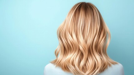 Fototapeta premium Layered blonde hair with warm caramel streaks, styled into voluminous blowout, stunning blonde, salon drama
