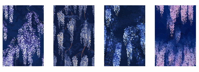 Vector pattern set of cascading wisteria trees on a midnight blue background