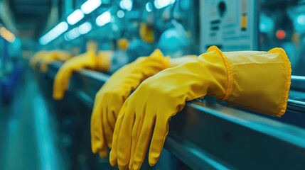 Close-up of gloves, masks, and safety signs inside a garments factory, promoting workplace safety.
