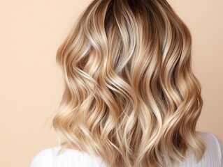 Naklejka premium Blonde hair styled into soft romantic curls with golden hues, stunning blonde, wedding salon inspiration