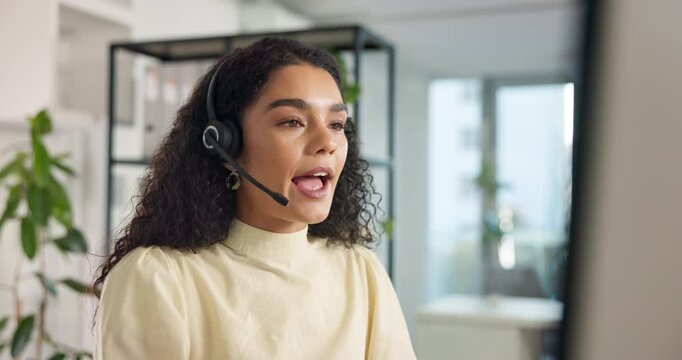 Business woman, consultant and talking with headset on mic at call center for online advice or communication. Female person, agent or virtual assistant on computer for customer service, help or CRM