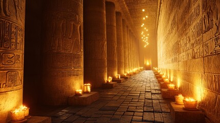 Ancient Egyptian Temple Corridor Illuminated by Candles A Mystical and Serene Atmosphere