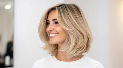 Icy blonde lob with subtle feathered layers, glowing under soft lights, stunning blonde, refined salon simplicity