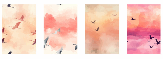 Vector pattern set of delicate cranes flying across a misty sunset sky background