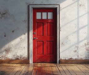 Red Exit Door on White Wall for Emergency Safety and Protection in Minimalist Interior
