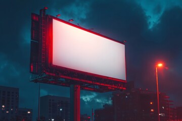 Empty billboard glowing at night with dramatic clouds and city lights, perfect for advertising and marketing campaigns