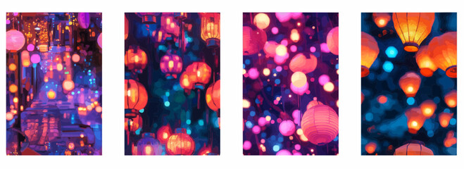 Vector pattern set of neon lanterns floating in the night background black
