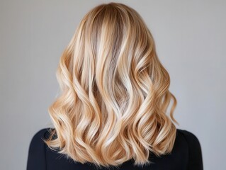 Fototapeta premium Soft blonde balayage with caramel lowlights, loose waves cascading over shoulders, stunning blonde, salon sophistication