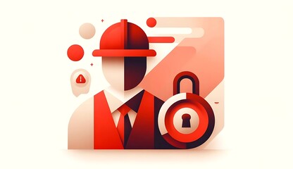 Minimalist red-toned illustration of a faceless construction worker with a hard hat, safety vest, and padlock icon symbolizing security, protection, and workplace safety alert.