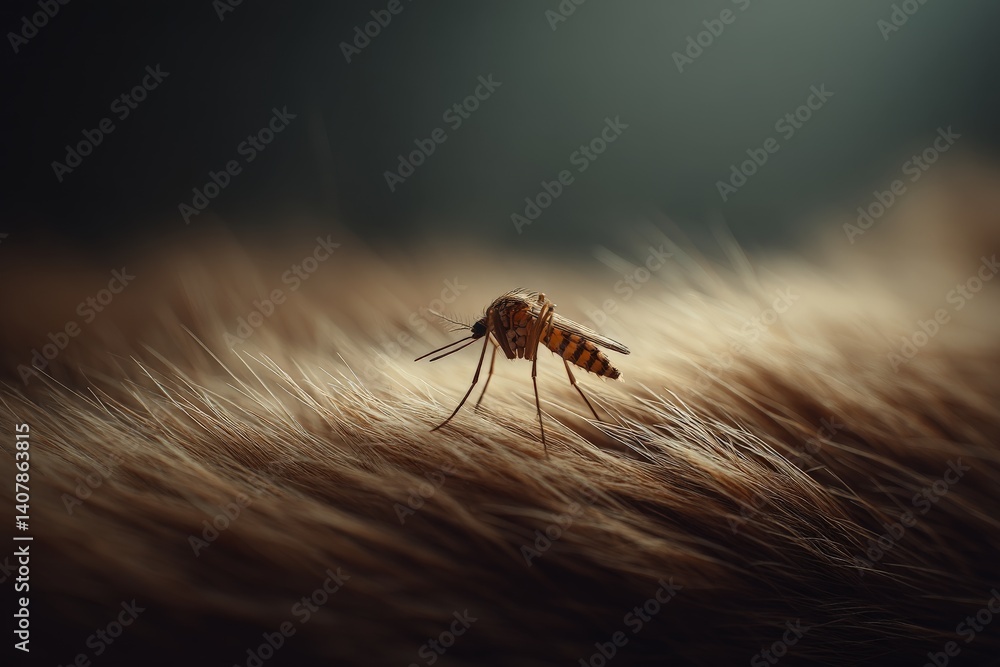 Poster intricate close-up of a mosquito resting on soft fur in a dimly lit environment