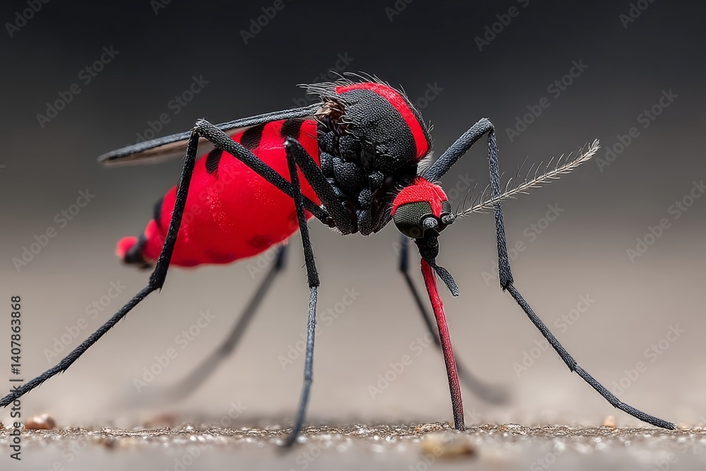 Poster close-up view of a vibrant red mosquito feeding on a surface during daylight hours in a natural sett