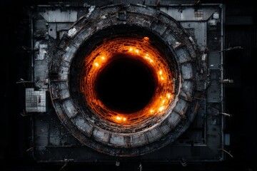 Focus on the center of an abandoned industrial structure showing intense, glowing activity at night from a bird's-eye view