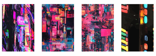 Vector pattern set of glitching neon street signs in Shibuya at night background black