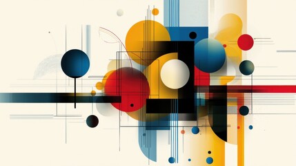 Abstract geometric shapes composition with dynamic lines and circles, against a light background