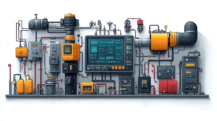 Industrial control panel with various gauges and pipes, showcasing complex machinery in a factory setting