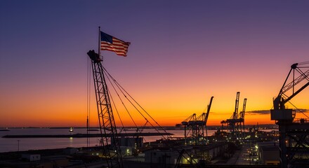 A majestic American flag waves proudly over a bustling industrial port at sunset, silhouetted against a vibrant sky, showcasing the strength and resilience of American industry and