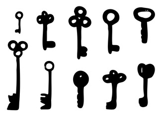 Handmade key icon, keyword symbol, doodle password, unlock sign, minimal keys illustration