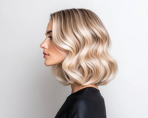 Naklejka premium Cool blonde balayage with seamless gradient from roots to tips, stunning blonde, modern salon blending