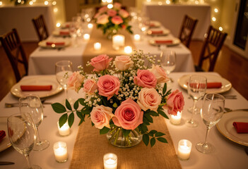 Obraz premium Elegant rose centerpiece on festive table, cozy celebration ambiance