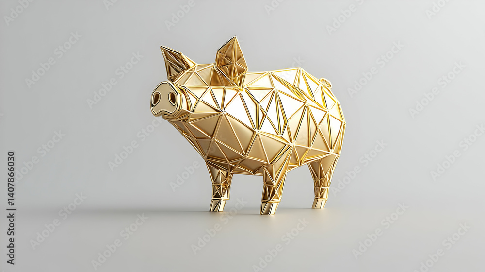 Poster golden geometric pig sculpture isolated on light gray background with soft shadow and subtle metalli