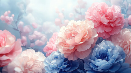 Fototapeta premium dreamy illustration of wedding bouquet featuring pink and blue peonies, set against soft, ethereal background. delicate petals and gentle colors evoke sense of romance and elegance