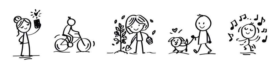 stick figures engaging in daily activities icon set, doodle childish vector illustrations
