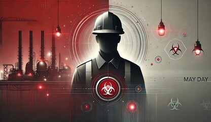 A faceless worker in safety gear stands between a dark industrial plant and a sterile digital background. Red biohazard symbols and lights highlight themes of labor, danger, and security on May Day.