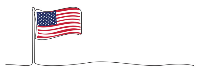 Single line American flag, one line USA symbol, blue, red and white national emblem