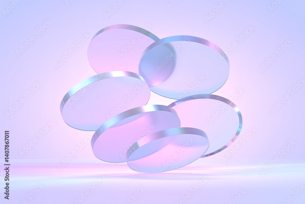 Poster abstract image of transparent, hovering, layered discs with iridescent effect. the image creates a m