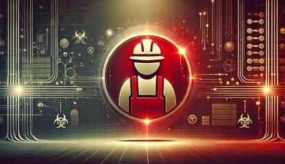 Futuristic digital artwork of a construction worker icon inside a glowing red interface, surrounded by circuit lines and biohazard symbols, symbolizing industrial safety and cybersecurity alert.