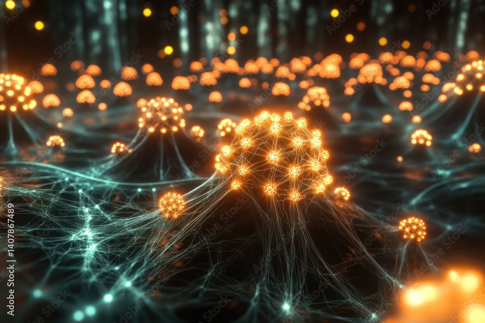 Poster colorful glowing networks of interconnected nodes in a dark, abstract environment