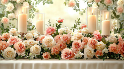beautifully arranged wedding table setting with elegant floral decorations, featuring array of pink and white roses, lush greenery, and tall candles in glass holders, creating romantic ambiance