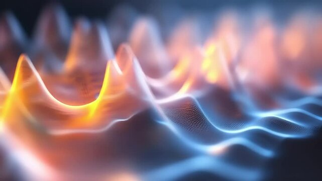 Abstract landscape of dynamic, glowing waves.  Complex patterns of ridges and valleys, lit from within with warm orange and cool blue hues.  Detailed textures create a sense of depth and movement