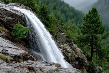 Fototapeta premium A stunning waterfall flows over rugged rocks, surrounded by lush greenery, creating a tranquil and picturesque landscape ideal for nature enthusiasts and photographers.