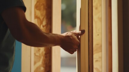 Hispanic carpenter installing a wooden door frame. Featuring carpentry and home construction