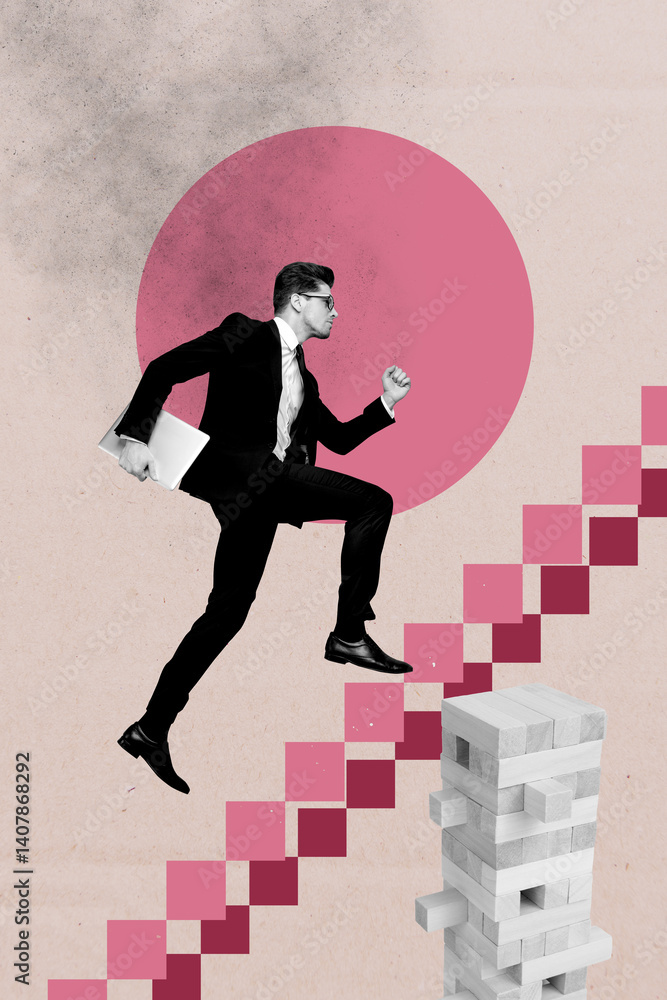 Poster poster image collage of person step up ladder block on pastel color background
