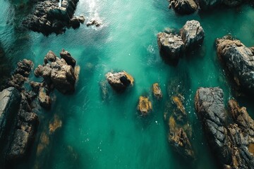 Obraz premium Vibrant turquoise waters reveal hidden rock formations along a rugged coastline at dawn