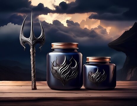 moisturizers in dark glass jars on aged rustic wooden table with textured deep brown surface showcasing natural skincare products and simplicityfantasy devil illustration with trident and dark clouds